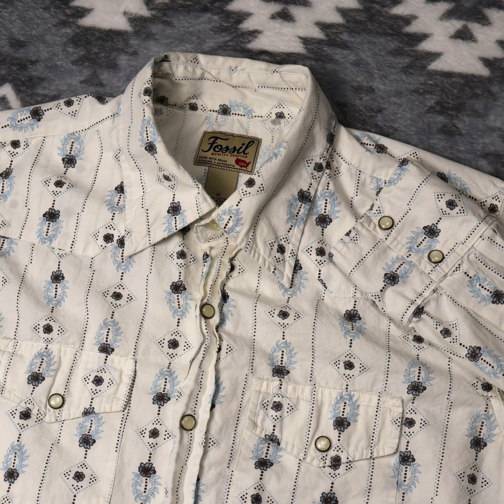 Fossil Western Snap Shirt Floral Stripe White Blue Brown Mens Medium Cotton